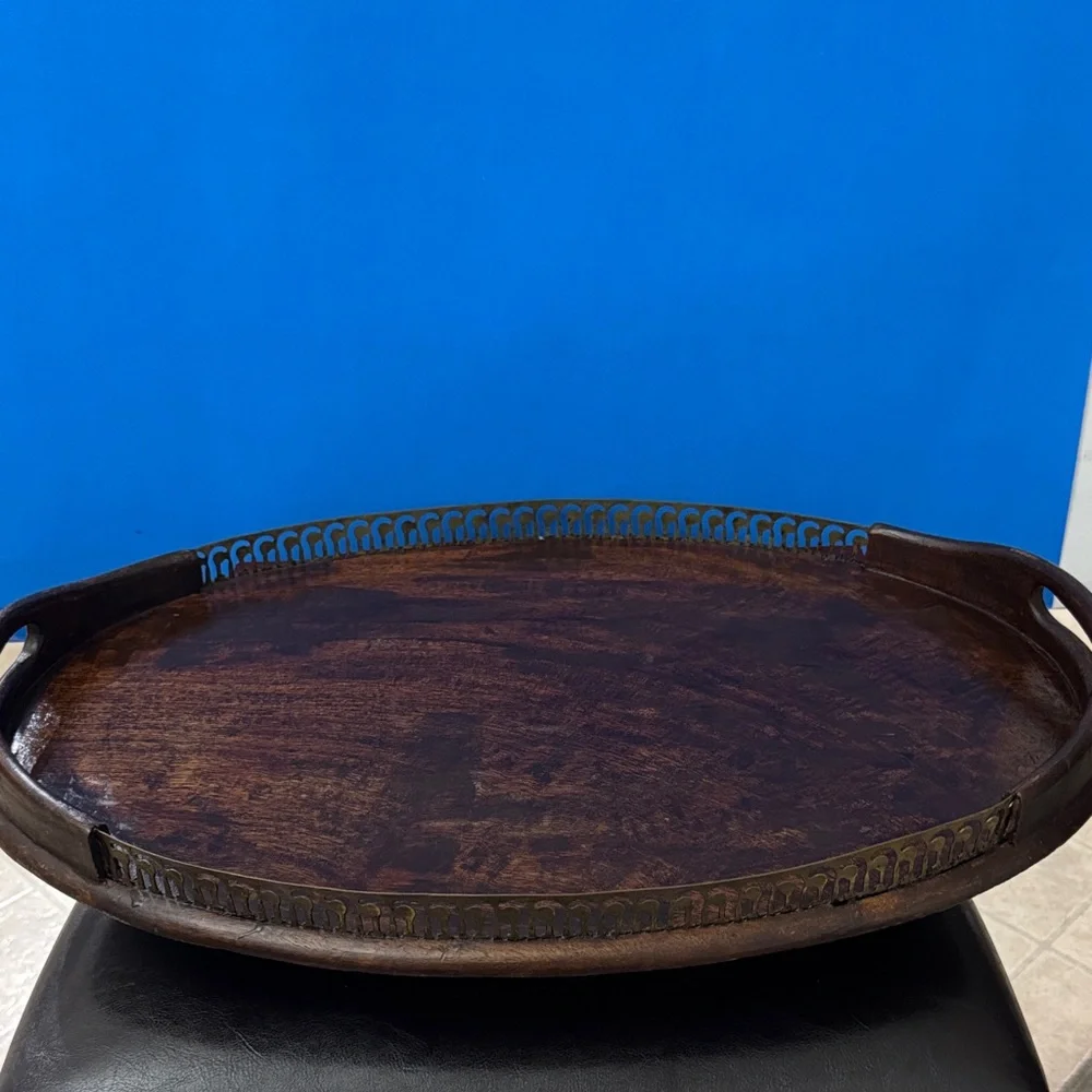 MCM Art Deco Style Large 23.5”x 16” Oval Decorative Rail Edge Wooden Tray